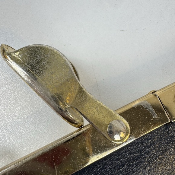 1960s minimalist glam navy leather clutch Etra gold frame evening bag - Picture 7 of 16